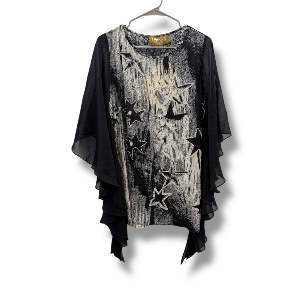 Donna Vinci NWT Donna Star Print Tunic‎ Top Women's Large Black Sheer Overlay